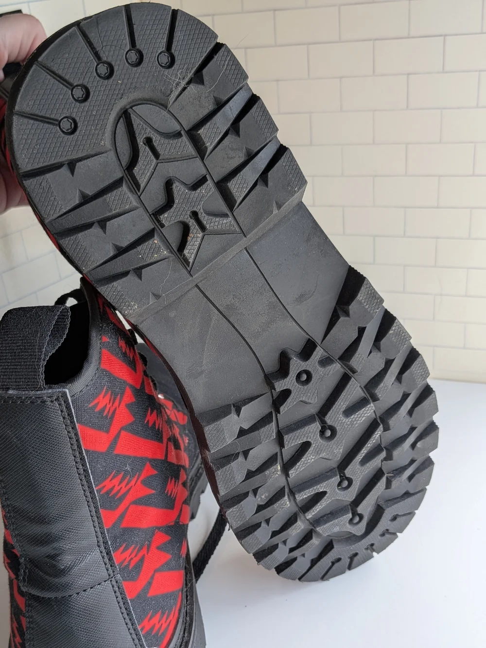 Black Canvas Combat Boots with Red Aztec Pattern, Mens 10